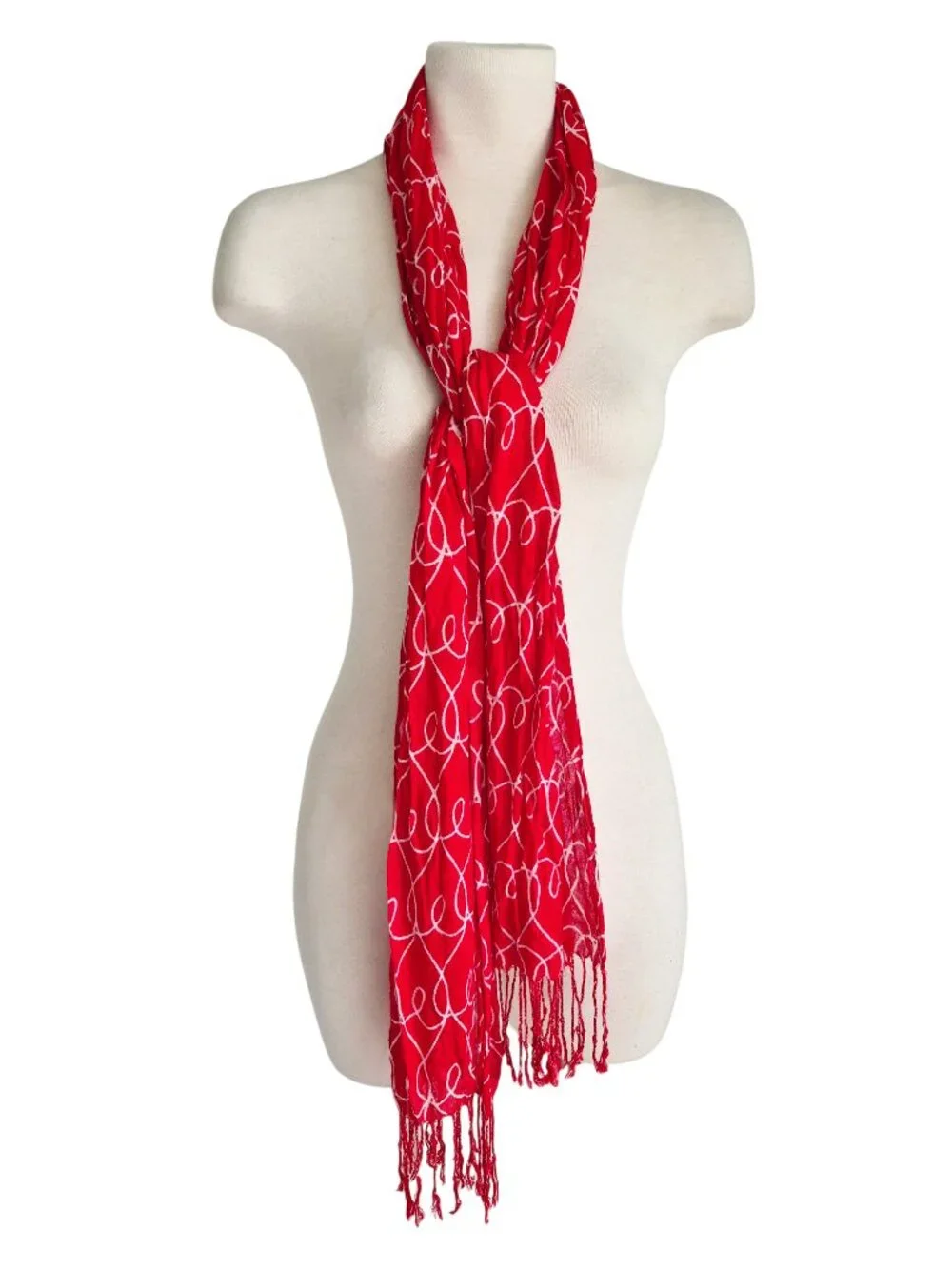 Hallmark Red with White scribbles Long Scarf Knotted Fringe 74